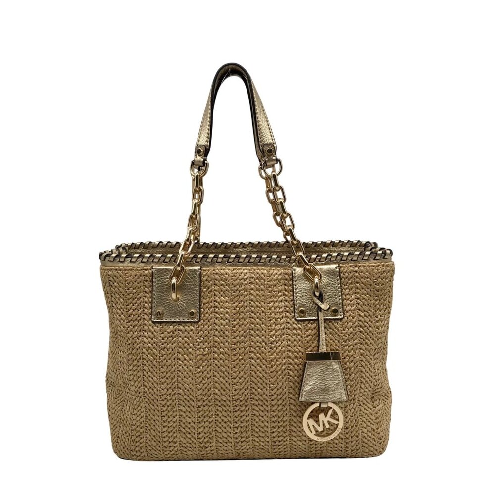Michael Kors Khaki Straw Rosalie Convertible Satchel Bag